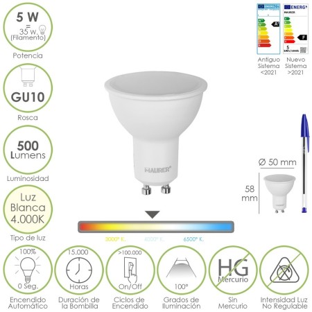 Bombilla Led Dicroica Rosca GU10. 5 Watt. Equivale A 35 Watt. 500 Lúmenes. Luz Neutra 4000º K