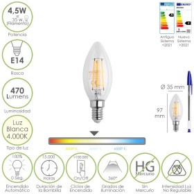Bombilla Led Filamento Vela Rosca E14. 4,5 Watt. Equivale A 35 Watt. 470 Lúmenes. Luz Neutra 4000º K.