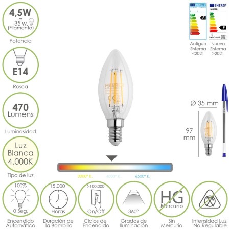 Bombilla Led Filamento Vela Rosca E14. 4,5 Watt. Equivale A 35 Watt. 470 Lúmenes. Luz Neutra 4000º K.