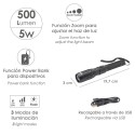 Linterna LED De Mano Con Batería Recargable Con Función Powerbank ( 2.000 mAh) 500 Lúmenes (5 Watt.) Con Función Zoom