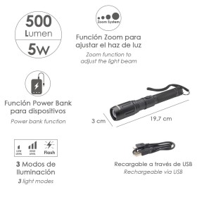 Linterna LED De Mano Con Batería Recargable Con Función Powerbank ( 2.000 mAh) 500 Lúmenes (5 Watt.) Con Función Zoom