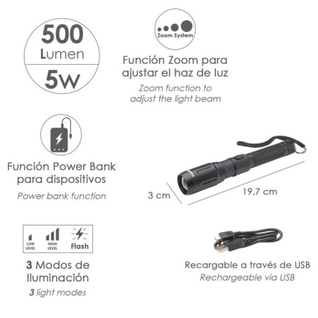 Linterna LED De Mano Con Batería Recargable Con Función Powerbank ( 2.000 mAh) 500 Lúmenes (5 Watt.) Con Función Zoom