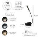 Linterna LED De Mesa / Lectura Batería Recargable (1.000 mAh) 30 Lúmenes Con Clip, 3 Tonos De Luz y 3 Niveles De Luminosidad
