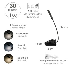 Linterna LED De Mesa / Lectura Batería Recargable (1.000 mAh) 30 Lúmenes Con Clip, 3 Tonos De Luz y 3 Niveles De Luminosidad