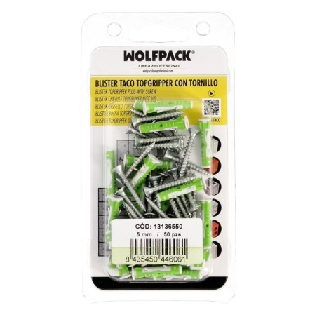 Blíster Tacos Topgripper Bimaterial Con Tornillos Diámetro 5 mm. 50 Piezas Taco Anclaje Universal, Para hormigón, yeso, ladrillo