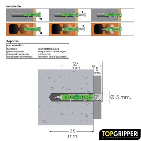 Blíster Tacos Topgripper Bimaterial Con Tornillos Diámetro 5 mm. 50 Piezas Taco Anclaje Universal, Taco Hormigón, Taco Pladur,