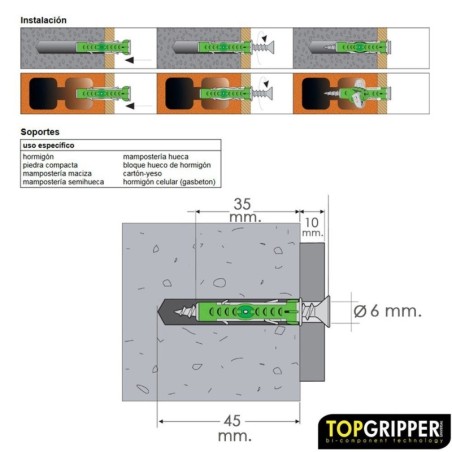 Blíster Tacos Topgripper Bimaterial Con Tornillos Diámetro 6 mm. 30 Piezas Taco Anclaje Universal, Taco Hormigón, Taco Pladur