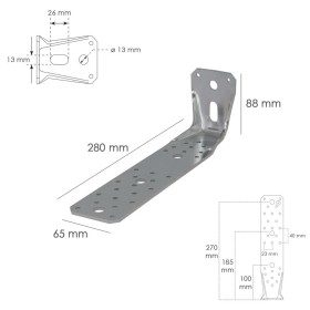 Soporte Para Madera Con Angulo Reforzado 65x88x285 mm. Conector Angular, Escuadra Fijación