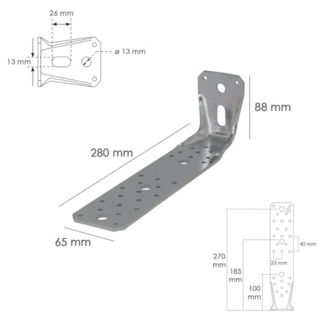Soporte Para Madera Con Angulo Reforzado 65x88x285 mm. Conector Angular, Escuadra Fijación