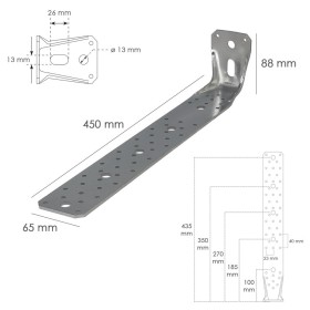 Soporte Para Madera Con Angulo Reforzado 65x88x450 mm. Conector Angular, Escuadra Fijación