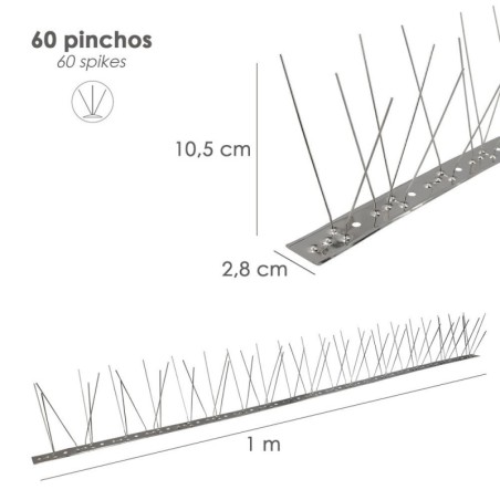 Pincho Anti Palomas / Pájaros 1 Metro Inoxidable Pincho Doble 60 Pinchos. Adaptable a Varias posiciones