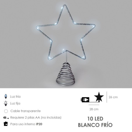 Guirnalda Adorno Luces Navidad Estrella Árbol Navidad Luz Blanco Frio. 10 Leds. Uso Interno protección IP20. 2 Baterías AA