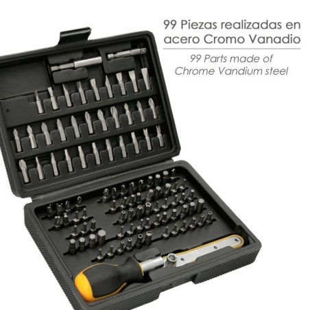 Juego Puntas con Destornillador 1/4" 99 piezas. Con Apartador. Cromo Vanadio, Kit Llave Combinada, Kit Carraca,