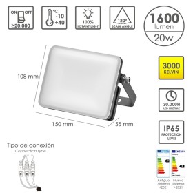 Foco Led Plano Potencia 20 Watt. 1600 Lúmenes. Luz Cálida 3000K protección IP65. Cuerpo Aluminio. Foco Exteriores / Interiores