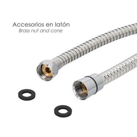 Flexo / Manguera Ducha Acero Inoxidable 1,50 Metros Accesorios de Latón. Flexible, Resistente a Torceduras, Conexión Estándar