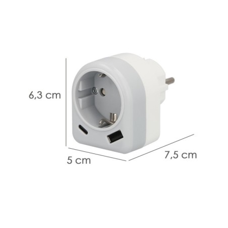 Enchufe / Adaptador Schuko Con 2 Tomas, USB A / C. Potencia Máxima 3680 W. Cargador Móviles, Cargador 2 Tomas