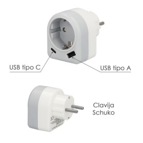 Enchufe / Adaptador Schuko Con 2 Tomas, USB A / C. Potencia Máxima 3680 W. Cargador Móviles, Cargador 2 Tomas