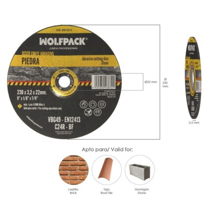 Disco Corte Abrasivo Piedra Diámetro 230 x Diámetro 22 mm. Espesor 3,2 mm. Disco Radial / Amoladora