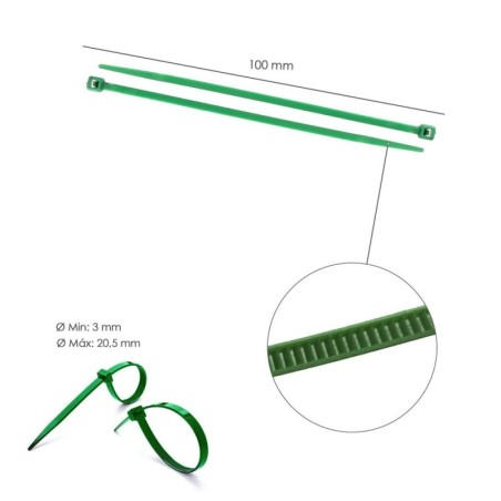 Brida Nylon 100%. Color Verde 2,5 x 100 mm. Bolsa 100 Unidades. Abrazadera Plástico, Organizador Cables, Alta Resistencia