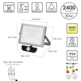 Foco Led Plano 30 Watt. Luz Blanca 4000º K IP 65 2400 Lúmenes Con Sensor de Presencia