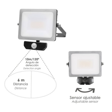Foco Led Plano 30 Watt. Luz Blanca 4000º K IP 65 2400 Lúmenes Con Sensor de Presencia