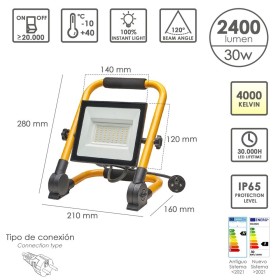 Foco Led Plano 30 Watt. Luz Blanca 4000º K IP 65 2400 Lúmenes Con Asa de Transporte, Proyector Led Con Asa, Foco Led Trabajo