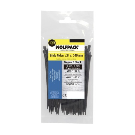 Brida Nylon 100%. Color Negro 7,8 x 540 mm. Bolsa 100 unidades. Abrazadera Plástico, Organizador Cables, Alta Resistencia