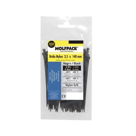 Brida Nylon 100%. Color Negro 3,5 x 140 mm. Bolsa 100 unidades. Abrazadera Plástico, Organizador Cables, Alta Resistencia