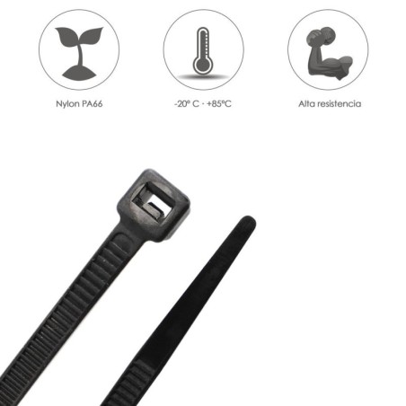 Brida Nylon 100%. Color Negro 4,5 x 200 mm. Bolsa 100 unidades. Abrazadera Plástico, Organizador Cables, Alta Resistencia