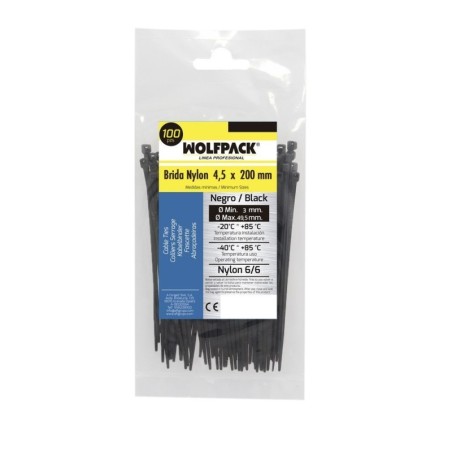 Brida Nylon 100%. Color Negro 4,5 x 200 mm. Bolsa 100 unidades. Abrazadera Plástico, Organizador Cables, Alta Resistencia