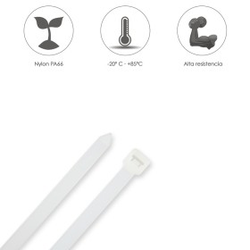 Brida Nylon 100%. Color Blanco / Natural 3,5 x 200 mm. 100 Piezas. Abrazadera Plástico, Organizador Cables, Alta Resistencia