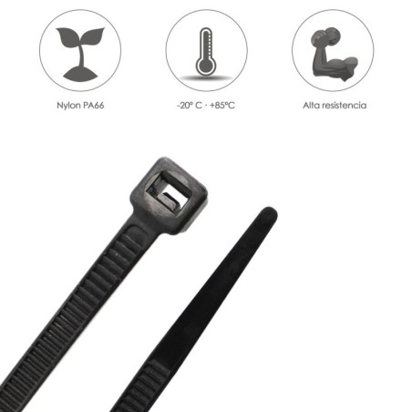 Brida Nylon 100%. Color Negro 7,5 x 360 mm. Bolsa 100 unidades. Abrazadera Plástico, Organizador Cables, Alta Resistencia