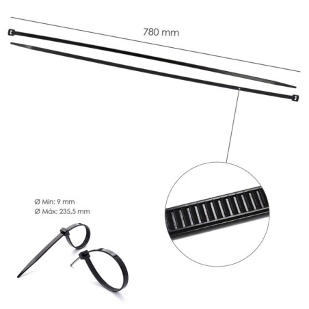 Brida Nylon 100%. Color Negro 9,0 x 780 mm. Bolsa 100 unidades. Abrazadera Plástico, Organizador Cables, Alta Resistencia