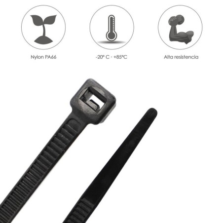 Brida Nylon 100%. Color Negro 9,0 x 780 mm. Bolsa 100 unidades. Abrazadera Plástico, Organizador Cables, Alta Resistencia