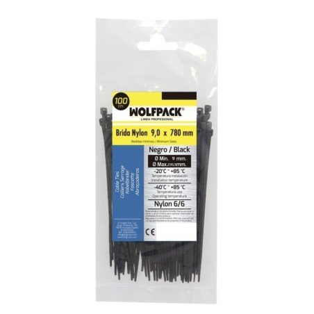 Brida Nylon 100%. Color Negro 9,0 x 780 mm. Bolsa 100 unidades. Abrazadera Plástico, Organizador Cables, Alta Resistencia
