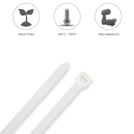 Brida Nylon 100%. Color Blanco / Natural 7,5 x 450 mm. 100 Piezas. Abrazadera Plástico, Organizador Cables, Alta Resistencia