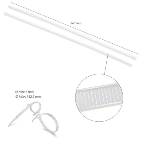 Brida Nylon 100%. Color Blanco / Natural 7,8 x 540 mm. 100 Piezas. Abrazadera Plástico, Organizador Cables, Alta Resistencia