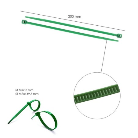 Brida Nylon 100%. Color Verde 4,6 x 200 mm. Bolsa 100 Unidades. Abrazadera Plástico, Organizador Cables, Alta Resistencia
