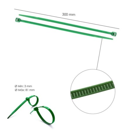 Brida Nylon 100%. Color Verde 4,6 x 300 mm. Bolsa 100 Unidades. Abrazadera Plástico, Organizador Cables, Alta Resistencia