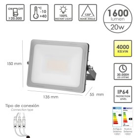 Foco Led Plano Potencia 20 Watt. 1600 Lúmenes. Luz blanca 4000K protección IP65. Cuerpo Aluminio. Foco Exteriores / Interiores