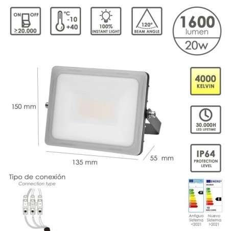 Foco Led Plano Potencia 20 Watt. 1600 Lúmenes. Luz blanca 4000K protección IP65. Cuerpo Aluminio. Foco Exteriores / Interiores