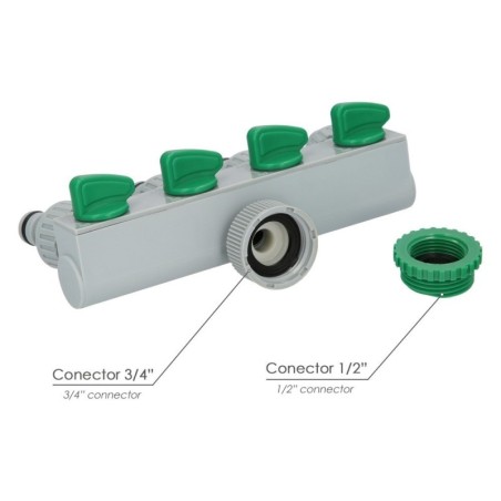 Adaptador Manguera Plástico 3/4" - 1" 4 Vías, Distribuidor 4 vías, Divisor Manguera, Ajuste Independiente, Tomas 1/2+Adaptador