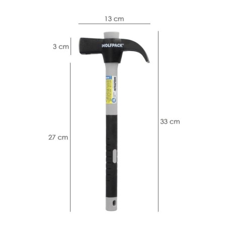 Martillo Uña Mango Fibra Vidrio Mango Fibra Vidrio Con Empuñadura Antideslizante. 600 Gramos 33 cm.