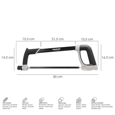Arco Sierra Acero Con Doble Empuñadura Engomada, Angulo Corte Ajustable. Corta Acero, Aluminio, Madera, Plástico, Cobre