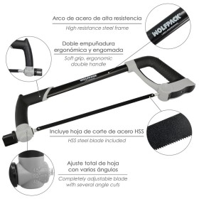 Arco Sierra Acero Con Doble Empuñadura Engomada, Angulo Corte Ajustable. Corta Acero, Aluminio, Madera, Plástico, Cobre