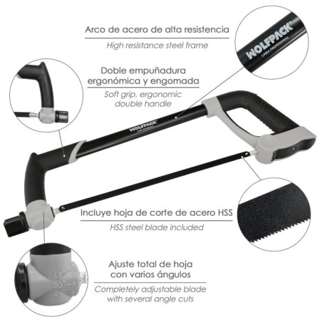 Arco Sierra Acero Con Doble Empuñadura Engomada, Angulo Corte Ajustable. Corta Acero, Aluminio, Madera, Plástico, Cobre
