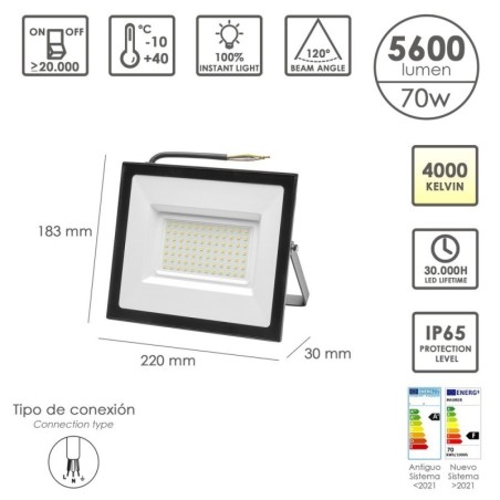 Foco Led Plano Potencia 70 Watt. 5600 Lúmenes. Luz blanca 4000K protección IP65. Cuerpo Aluminio. Foco Exteriores / Interiores.