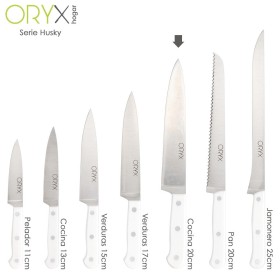 Cuchillo Husky Cocina 20 cm. Hoja Acero Inoxidable, Cuchillo Carne, Cuchillo Pescado, Cuchillo Chef, Mango Ergonómico Blanco