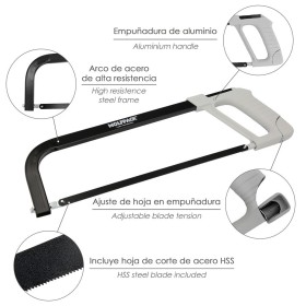 Arco Sierra Acero Con Empuñadura de Aluminio Angulo Corte Ajustable. Corta Acero, Aluminio, Madera, Plástico, Cobre