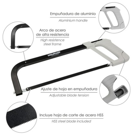 Arco Sierra Acero Con Empuñadura de Aluminio Angulo Corte Ajustable. Corta Acero, Aluminio, Madera, Plástico, Cobre